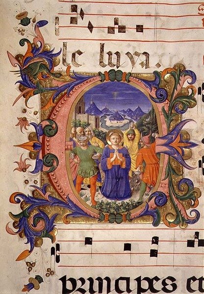 Missal 515 f.5r St. Stephens martyrium afbildet i en historisk initial, grænsen oplyst af Filippo di Mateo Torelli (1409-68) fra en korbog udført før 1449 (vellum) af Zanobi di Benedetto Strozzi
