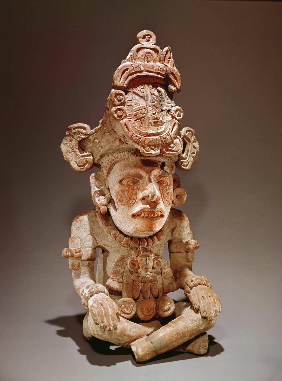 Urne forestillende en siddende guddom, Monte Alban, Oaxaca, Periode III (keramik) af Zapotec