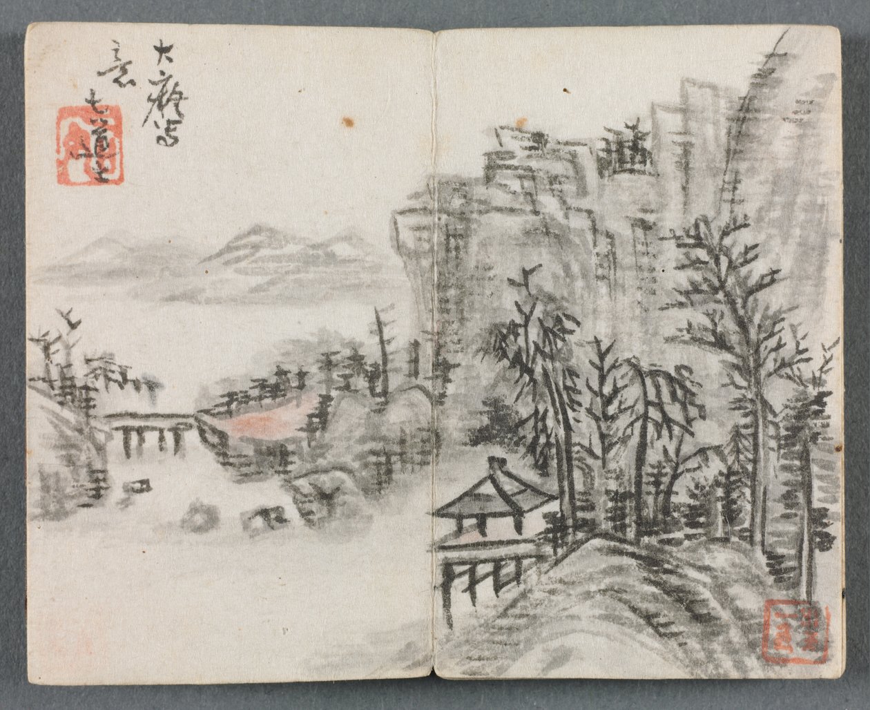 Miniaturealbum med figurer og landskab (Cliff Landscape with Bridge) af Zeng Yandong