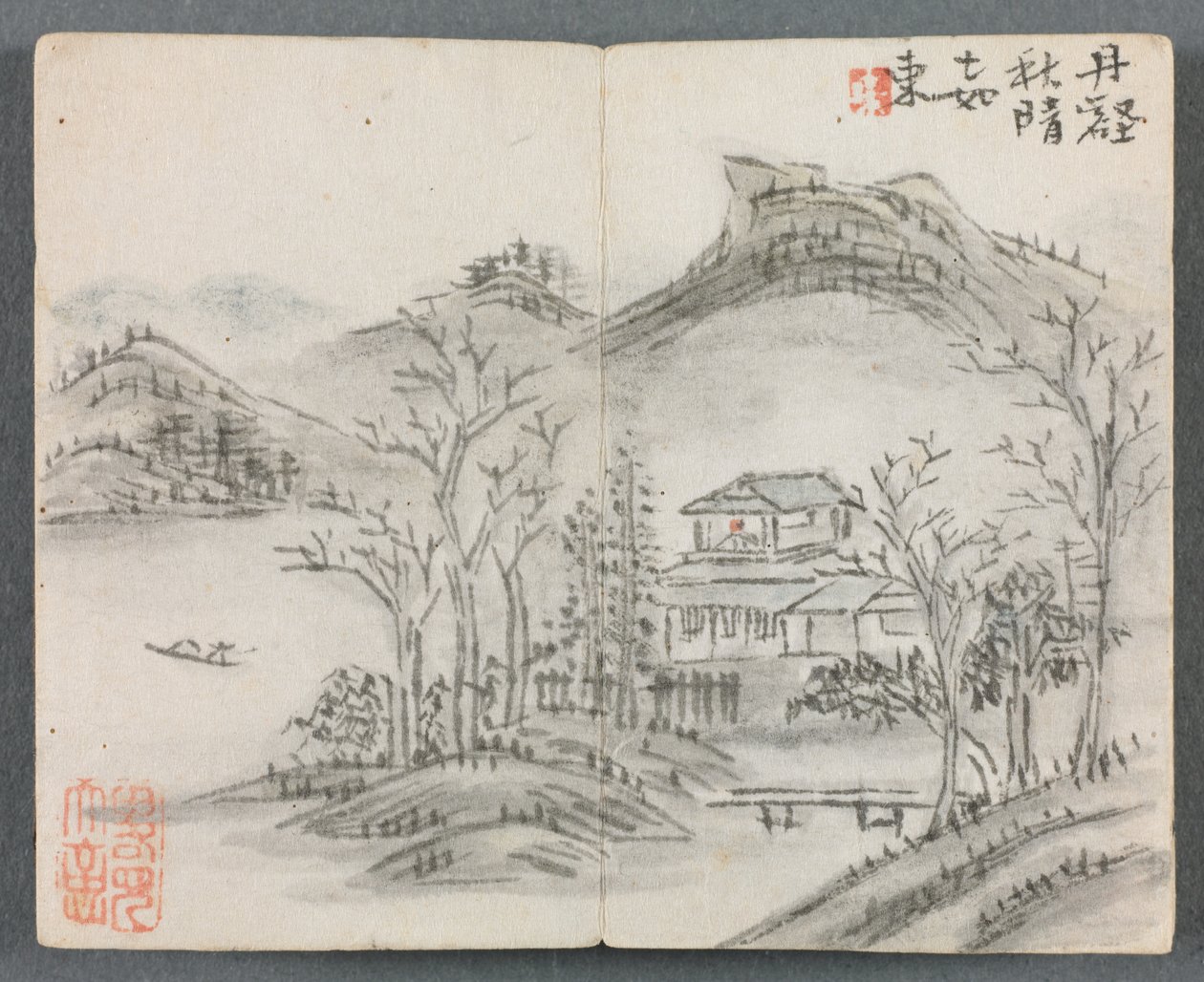 Miniaturealbum med figurer og landskabslandskab med bakke, hus, båd og bro, 1822. af Zeng Yangdong