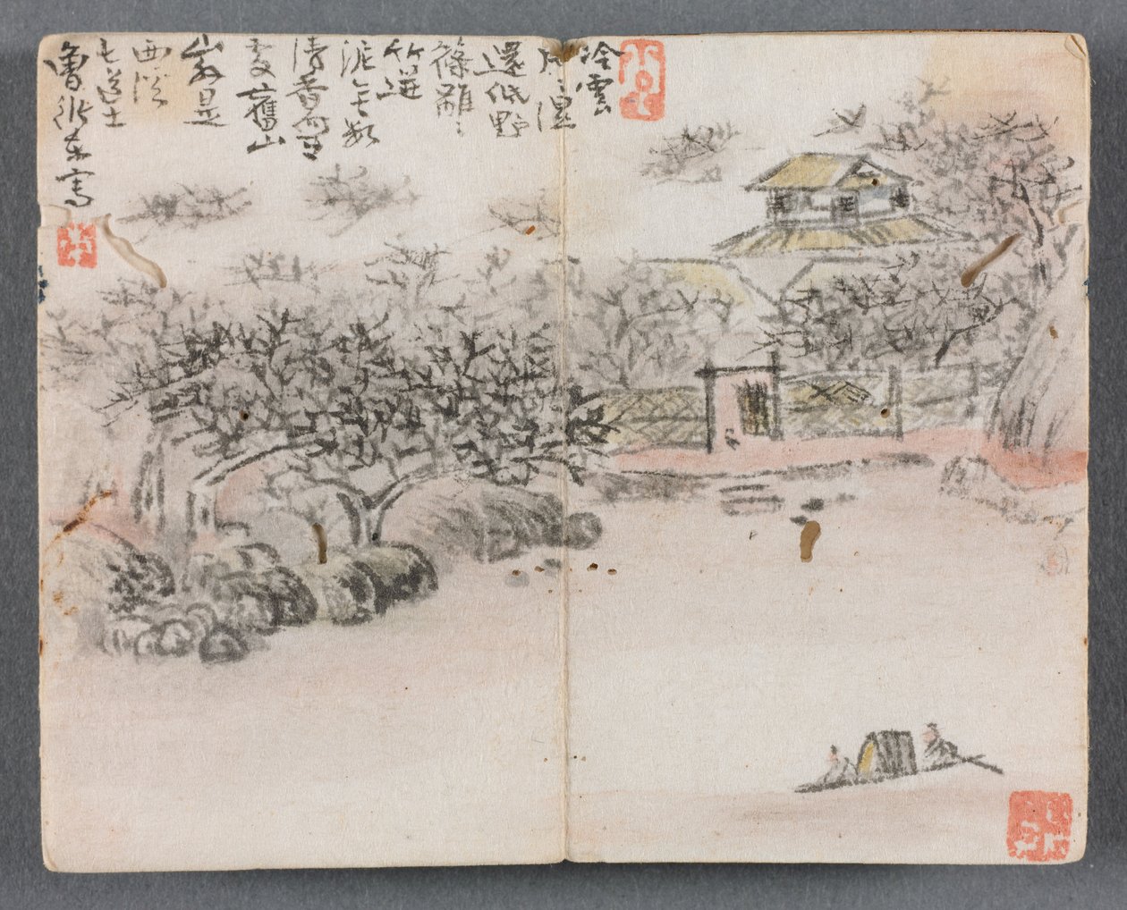 Miniaturealbum med figurer og landskabslandskab med to bådsmænd, 1822. af Zeng Yangdong