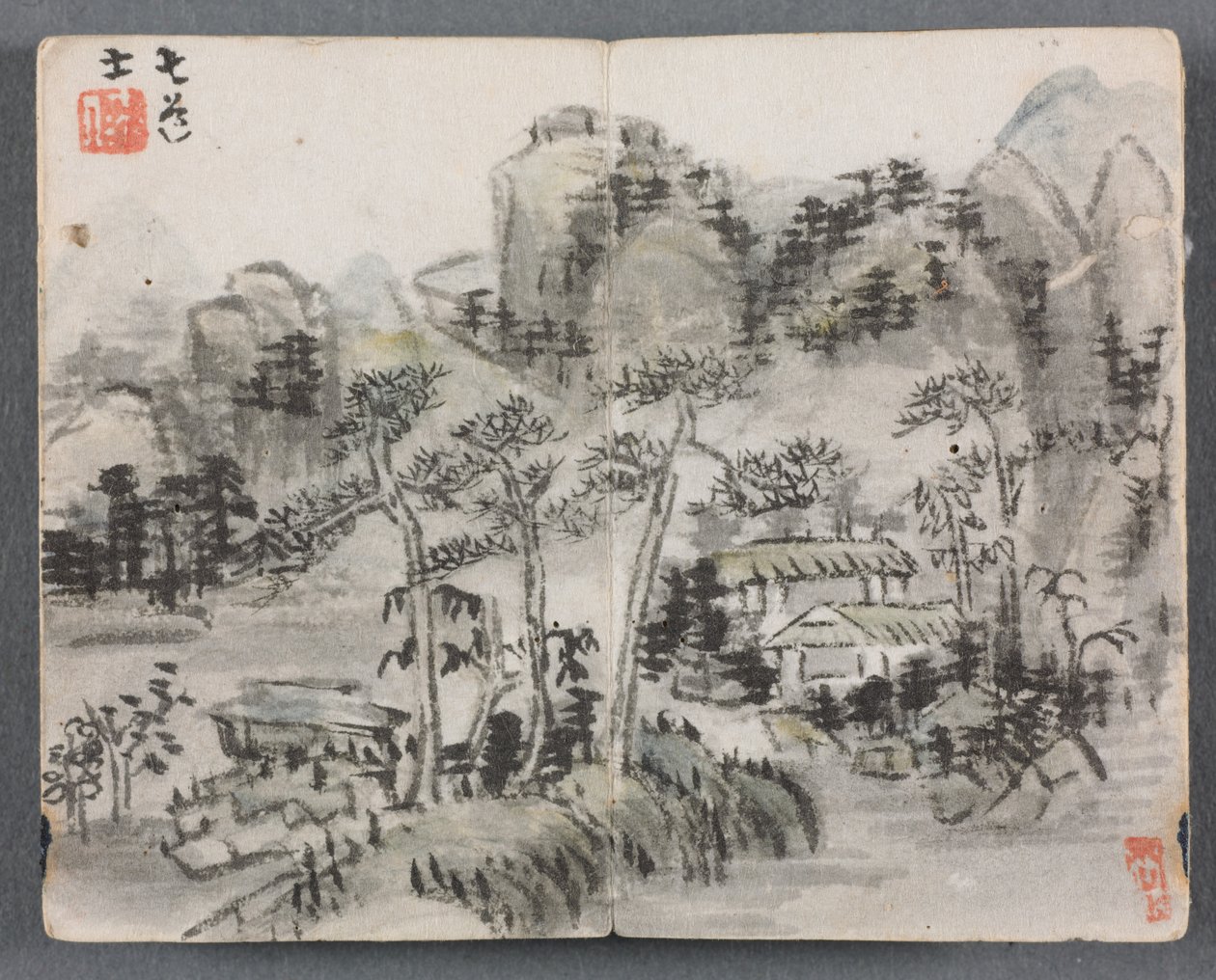Miniaturealbum med figurer og landskabslandskab med to bygninger, 1822. af Zeng Yangdong