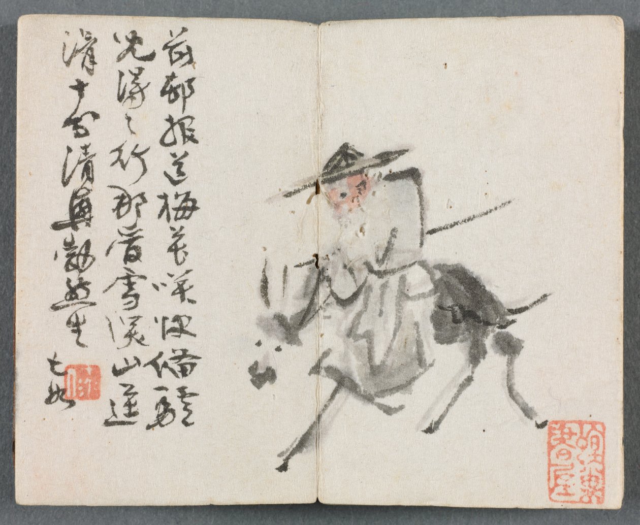 Miniaturealbum med figurer og landskab Gammel mand på æsel, 1822. af Zeng Yangdong