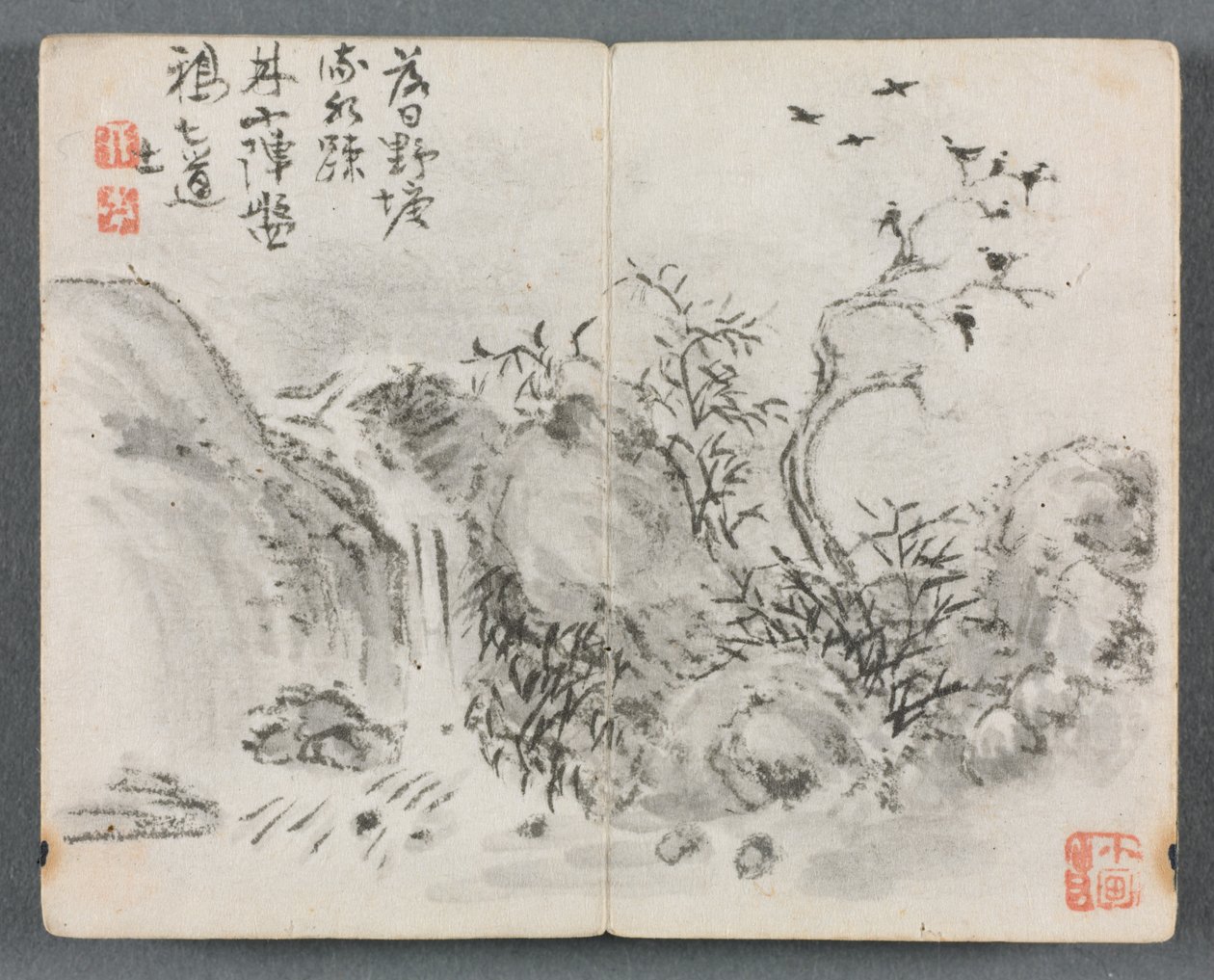 Miniaturealbum med figurer og landskab Vandfaldslandskab, 1822. af Zeng Yangdong
