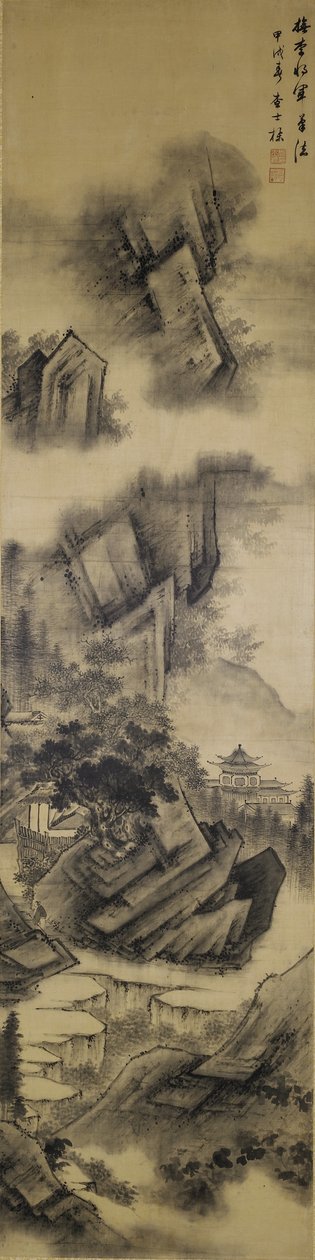 Landskab, Qing-dynastiet, 1694 (blæk på satin) af Zha Shibiao