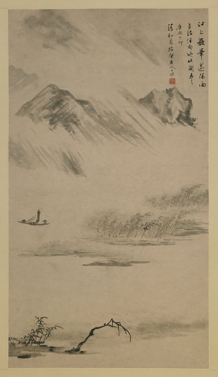 Flodlandskab i Rain, Anhui-provinsen, Kina, Qing-dynastiet, 1687 (blæk på papir) af Zha Shibiao