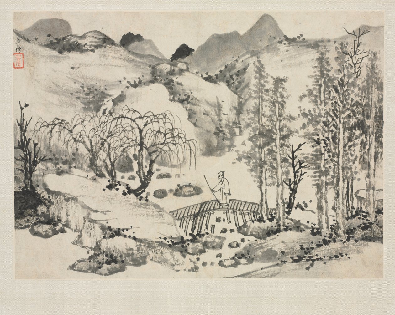 Landskabsalbum i forskellige stilarter: Landskab med kunstner på en bro, 1684. af Zha Shibiao