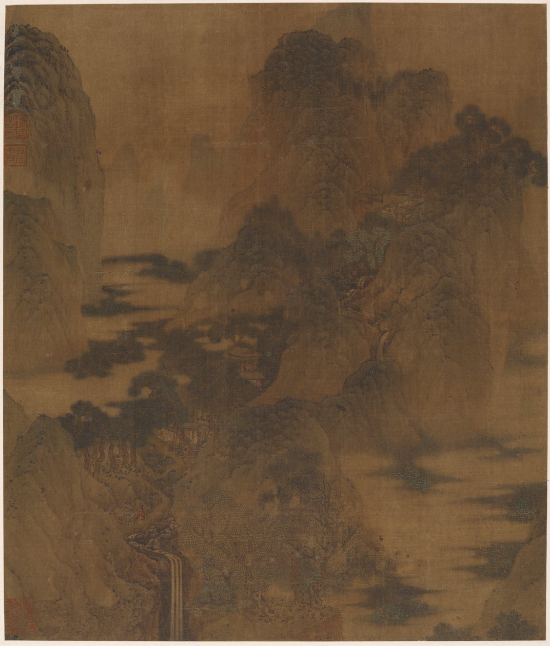 Landskab: bjergkløft, tåge, en bæk og bygninger, Ming-dynastiet, 1600-tallet. af Zhang Hong