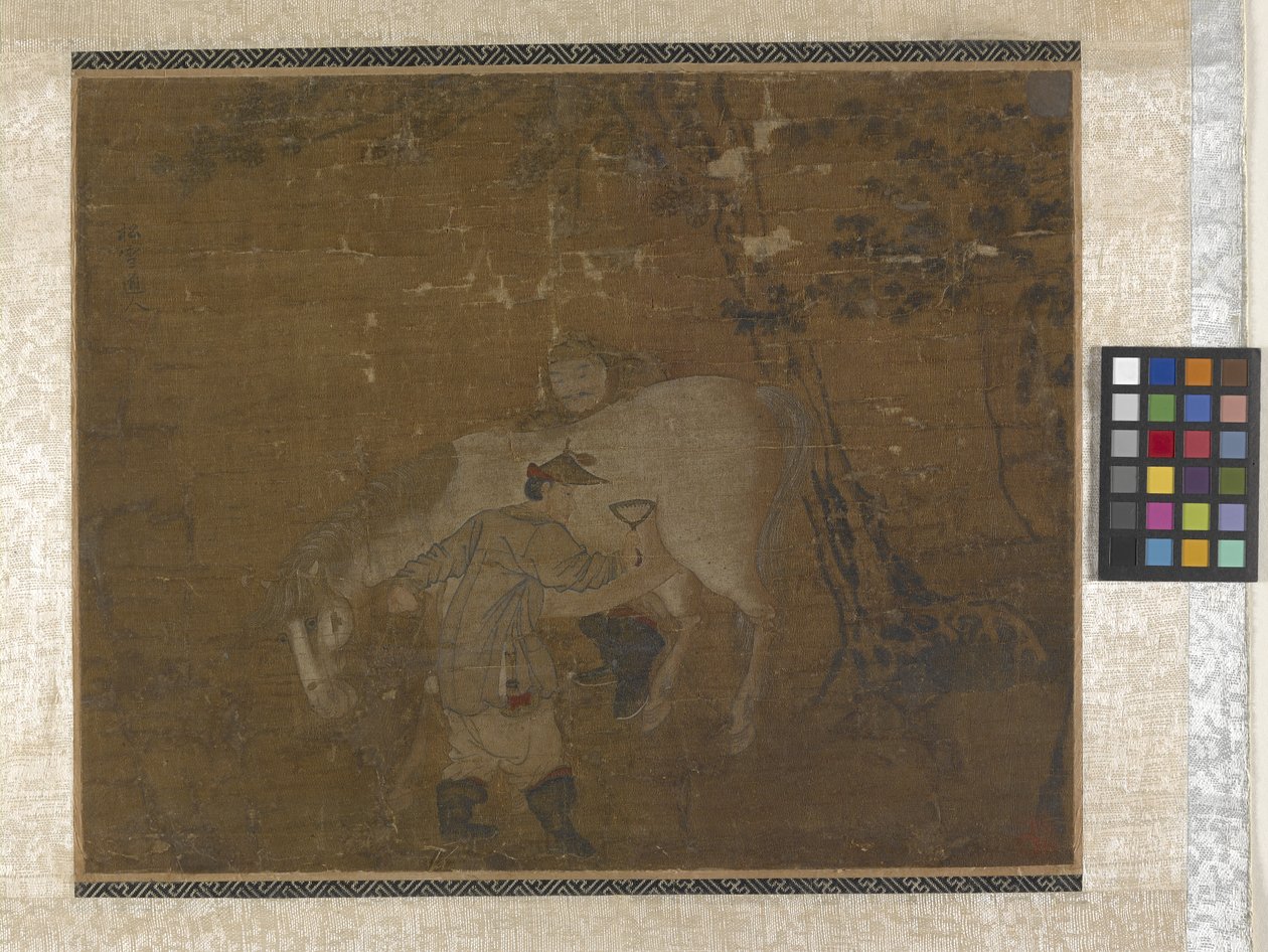 Grooms Combing White Horse (farver på silke) af Zhao Mengfu Chao Meng Fu or