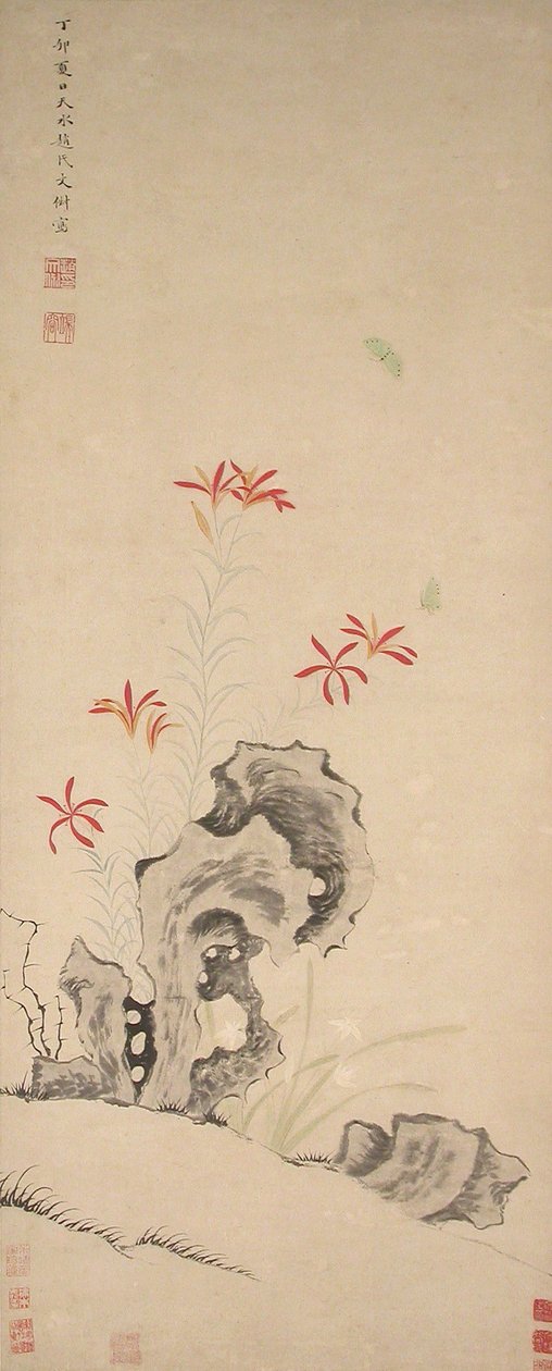 Rock, Tiger Lily and Orchid, dateret 1627. af Zhao Wenchu