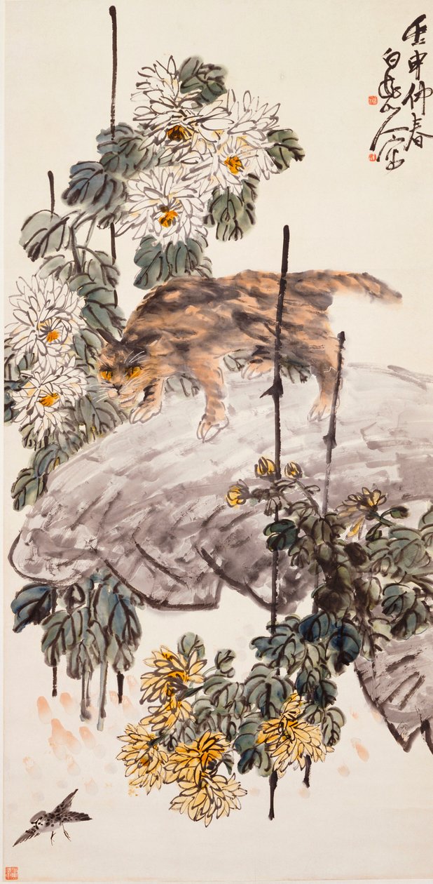 Kat, fugl og krysantemum af Zhen Wang