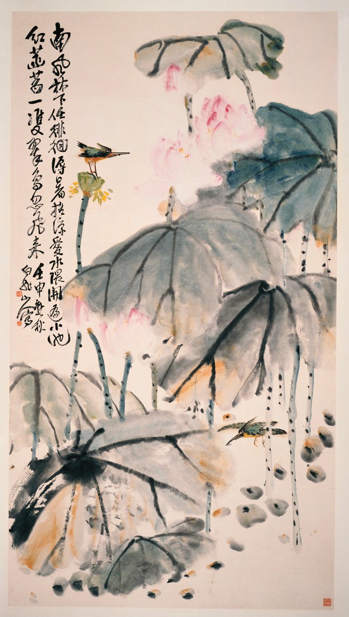 Lotus og grønne fugle af Zhen Wang