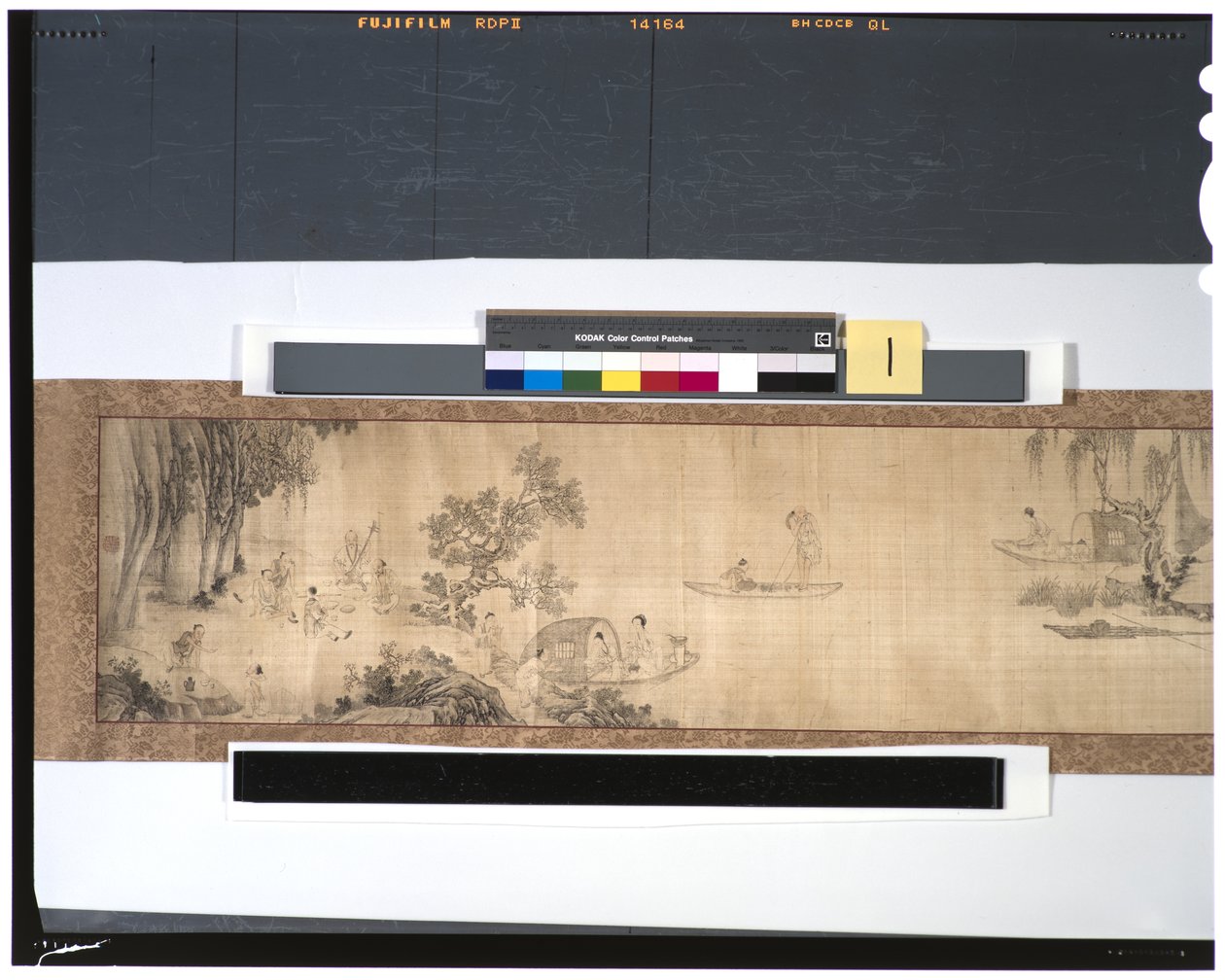 Fiskernes liv langs floden, 1700-tallet (blæk og farve på silke, håndrulle) af Zhou Shanguan