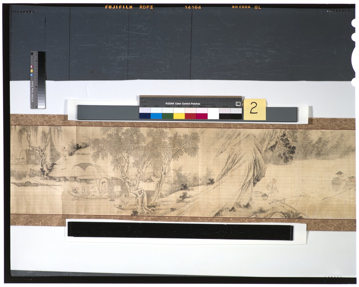 Fiskernes liv langs floden, 1700-tallet (blæk og farve på silke, håndrulle) af Zhou Shanguan