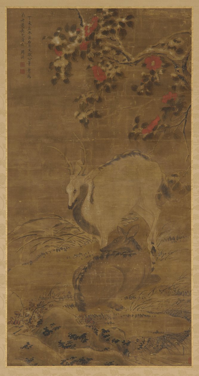 En kronhjort, en då og røde kameliaer i sne, 1367. af Zhou Yuan