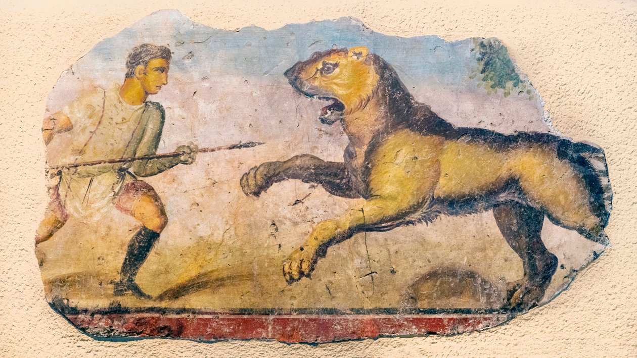 En romersk jæger konfronterer en ladende løve., 2021 (foto) af . .