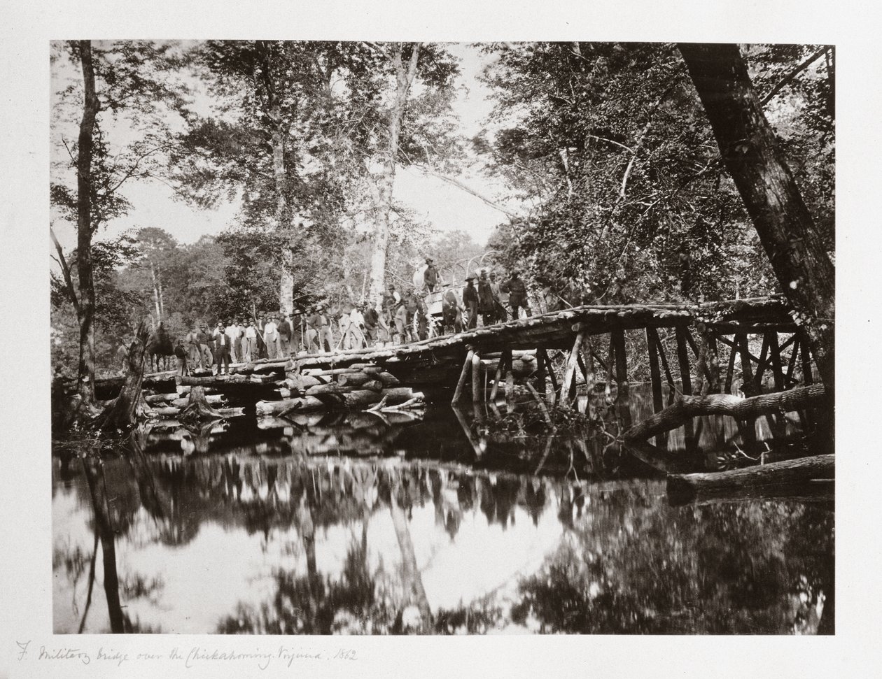 En militærbro over Chickahominy, Virginia, USA, ca 1862 af Ferdinand Georg Waldmuller