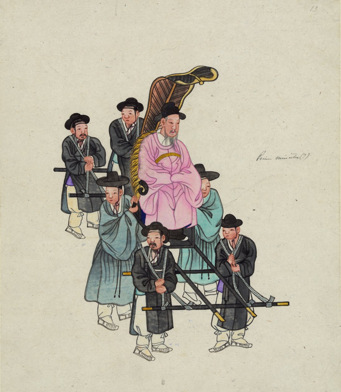 En højtstående koreansk embedsmand, muligvis premierministeren, båret i en udførlig Sedan-stol, ca. 1890 (akvarel) af . .