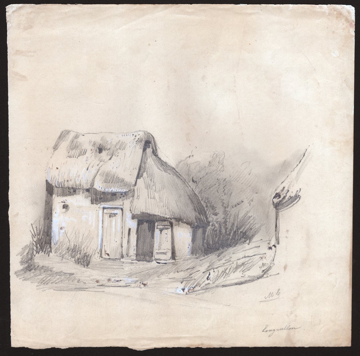 Et stråtækt sommerhus i centrum af Frankrig. ca. 1830 (illustration) af . .