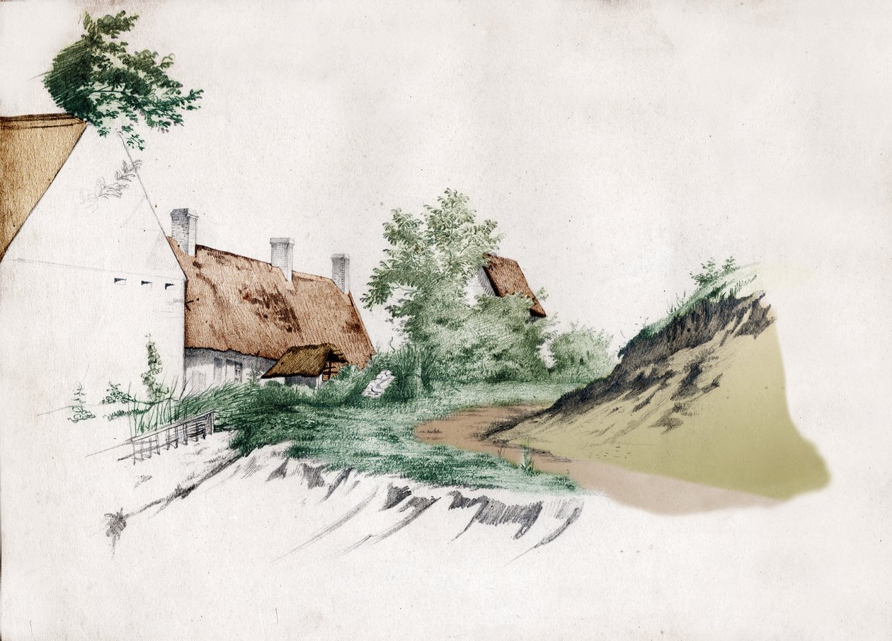 Et stråtækt bondehus i det centrale Frankrig. ca 1850 (tegning) af . .