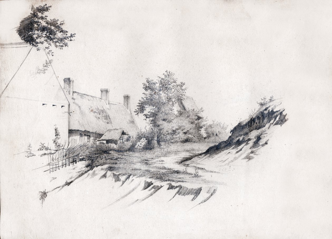 Et stråtækt bondehus i det centrale Frankrig. ca 1850 (tegning) af . .