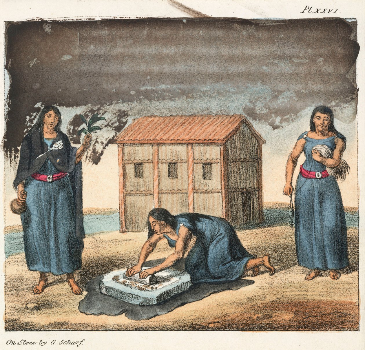 Araucano indiske kvinder maler majs og spinder, Chile af Frederick (attr. to) Barnard