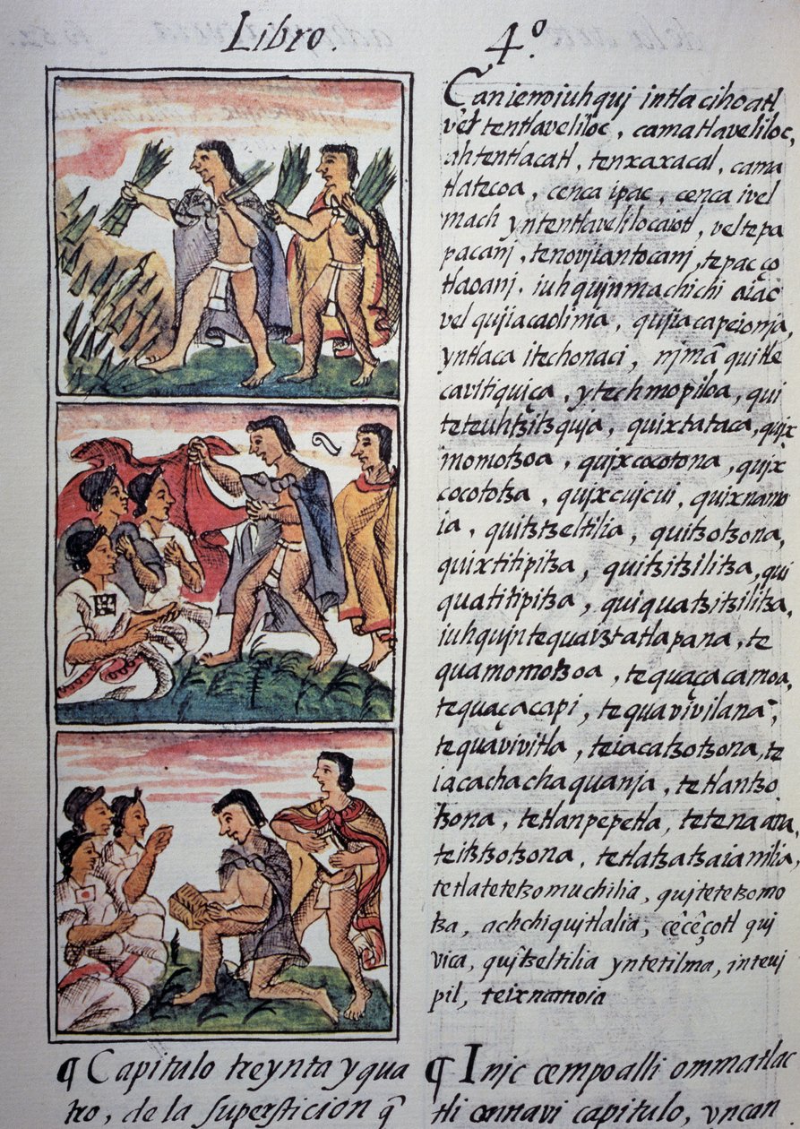 Tro og overtro, Bog IV af den florentinske kodeks, tosproget version på spansk og nahuatl, generel historie om tingene i det nye Spanien, aztekisk civilisation af Georg Carl Heinrich Dollmann