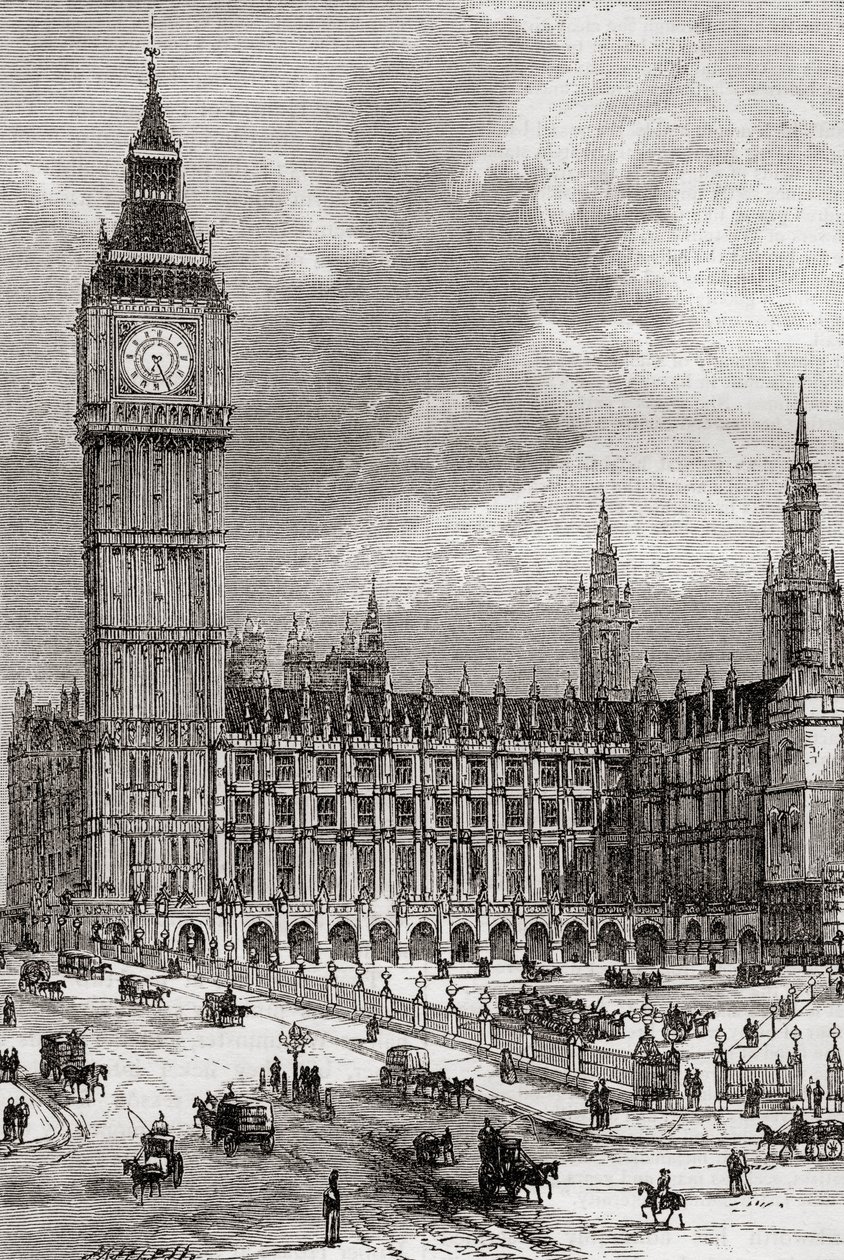 Big Ben and the Houses of Parliament, London, England, set her i det 19. århundrede. af . .