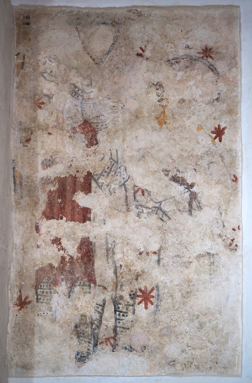 Bourgogne, Lancharre, kommune Chapaize 71460. I kirken Notre Dame, vægmaleri. To riddere i ringbrynje (fresco) af . .