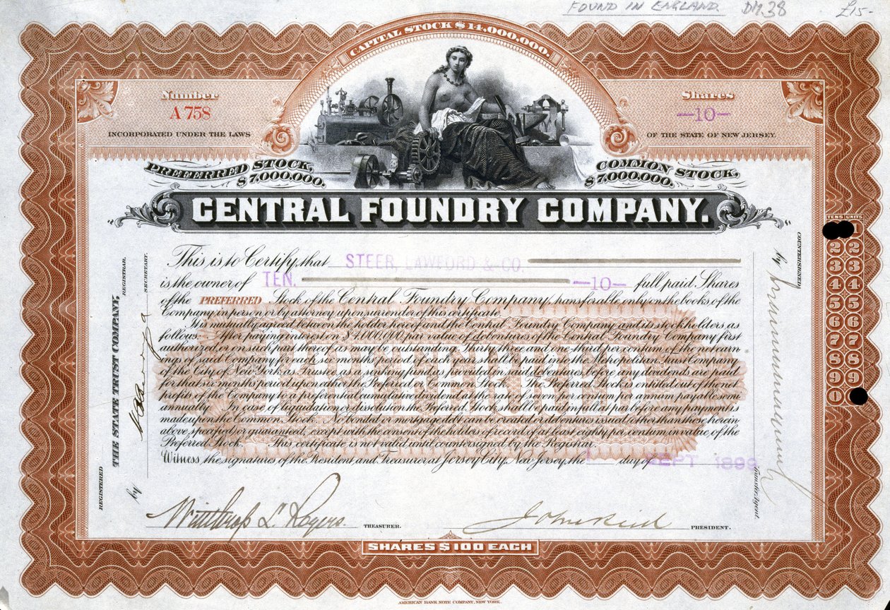 Central Foundry-aktiecertifikat, Brasilien af Frederick (attr. to) Barnard