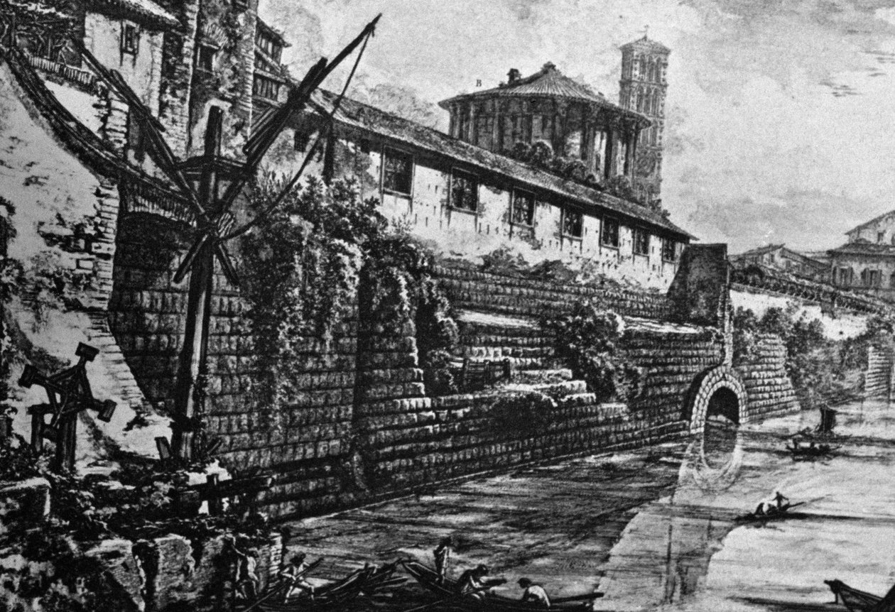 Cloaca Maxima (gammelt kloaksystem) og Vesta eller Hercules Victors tempel, gravering af Giovanni Battista Piranesi (1720-1778), Italien af William Walcutt