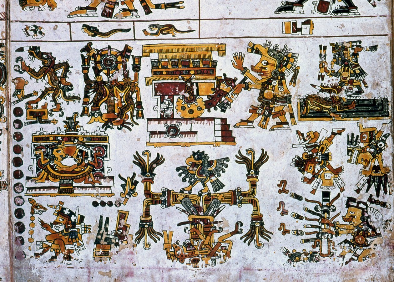 Detalje fra en faksimile Kopi af en side af Codex Borgia, der viser de fire retninger og midten (farve litho) af Hippolyte Lalaise Devéria