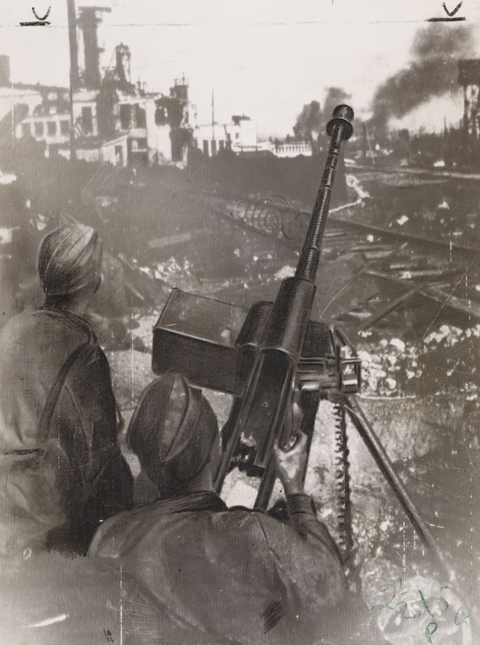 Anden Verdenskrig (1939-1945): to russiske panserværnsskytter forsvarer en fabrik nær en jernbanelinje under slaget ved Stalingrad (Rusland) i 1942 af Frederick (attr. to) Barnard