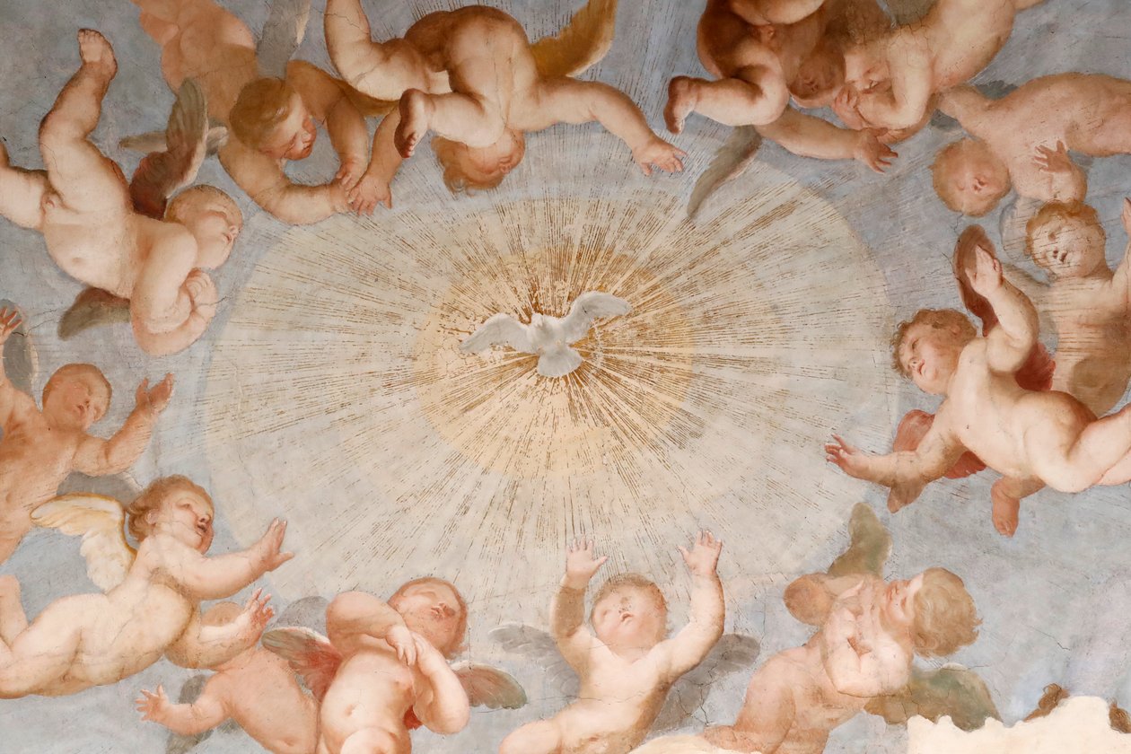 Duen af helligånden. Fresko. Basilica della Santissima Annunziata del Vastato. Genova. Italien. af . .