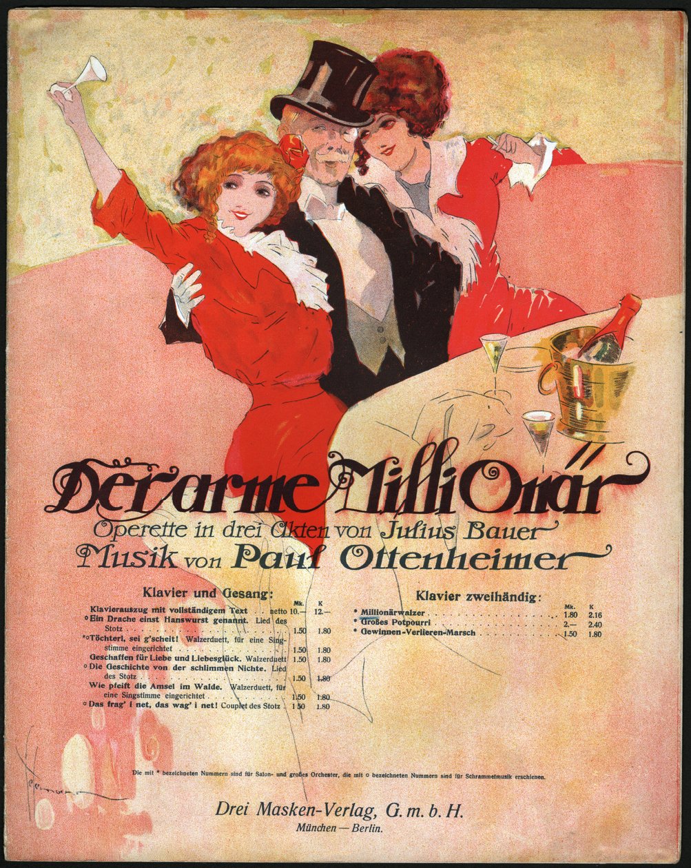 Elegant mand omgiver smukke kvinder i Belle Epoque. ca. 1913 (illustration) af . .