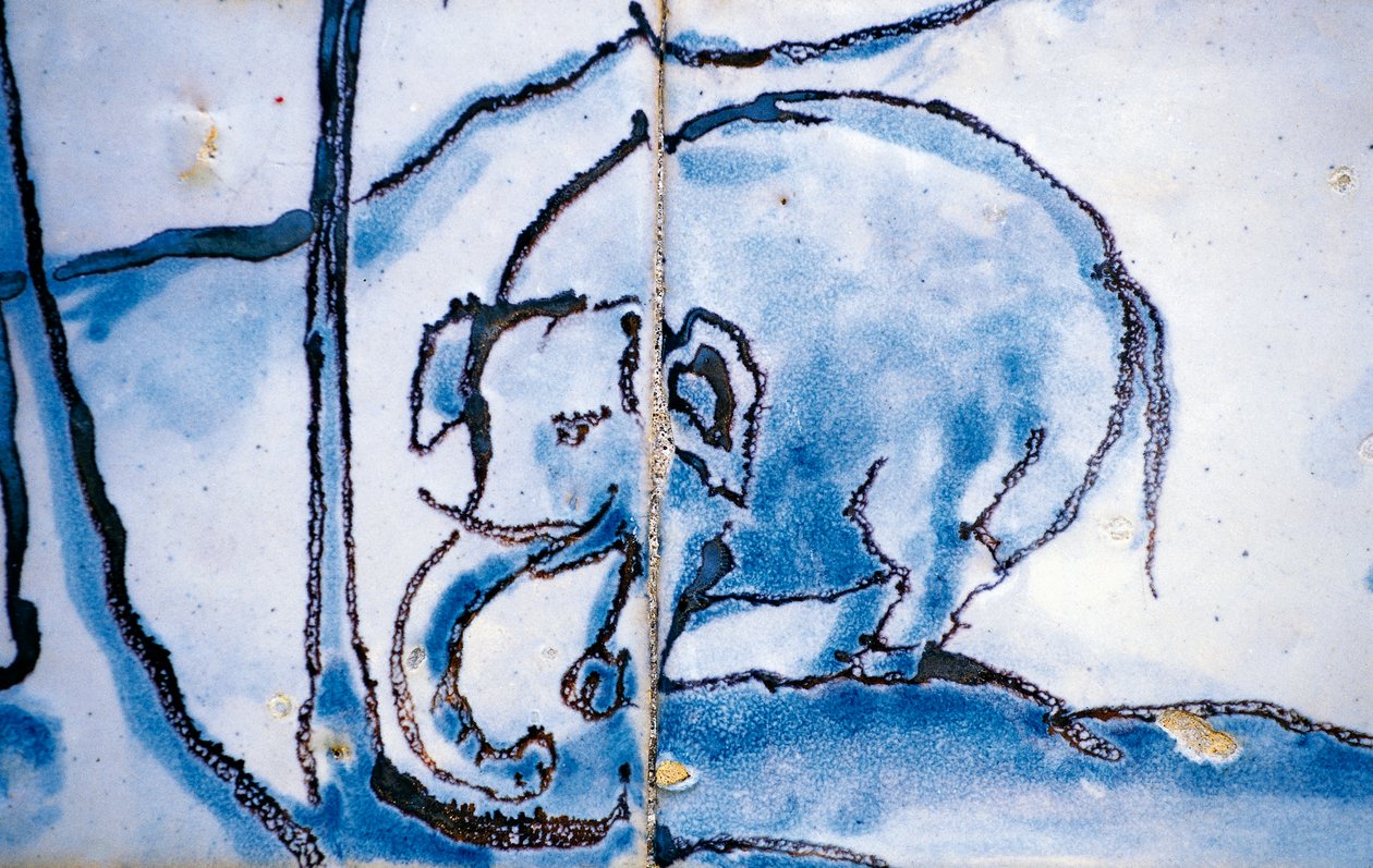 Elefant, azulejos fliser, Palace of Marquises of Fronteira, Lissabon, Portugal, Detail af Georg Carl Heinrich Dollmann