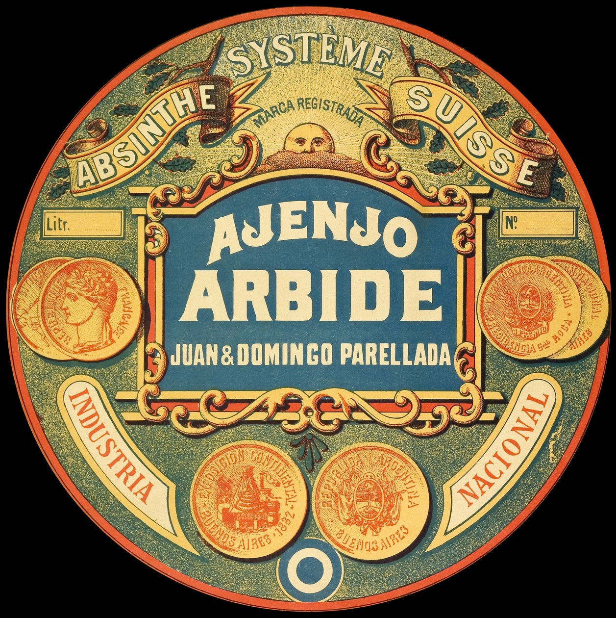 Etiket af det argentinske absintmærke Ajenjo Arbide af Frederick (attr. to) Barnard