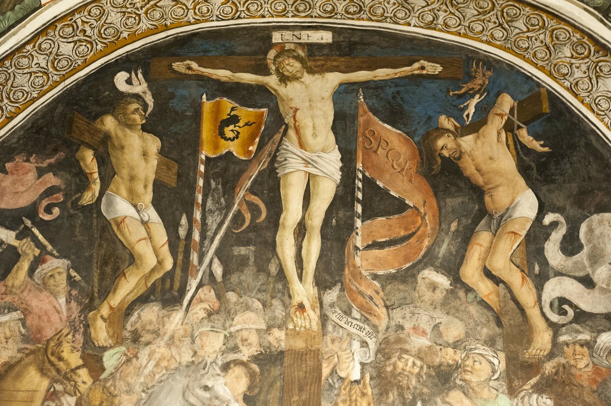 Berømt korsfæstelsesgruppe af Hans Clemer, fresko i koret, sognekirken Chiesa Parocchiale, Elva, provinsen Cuneo, Piemonte, Italien, Europa af Ferdinand Georg Waldmuller