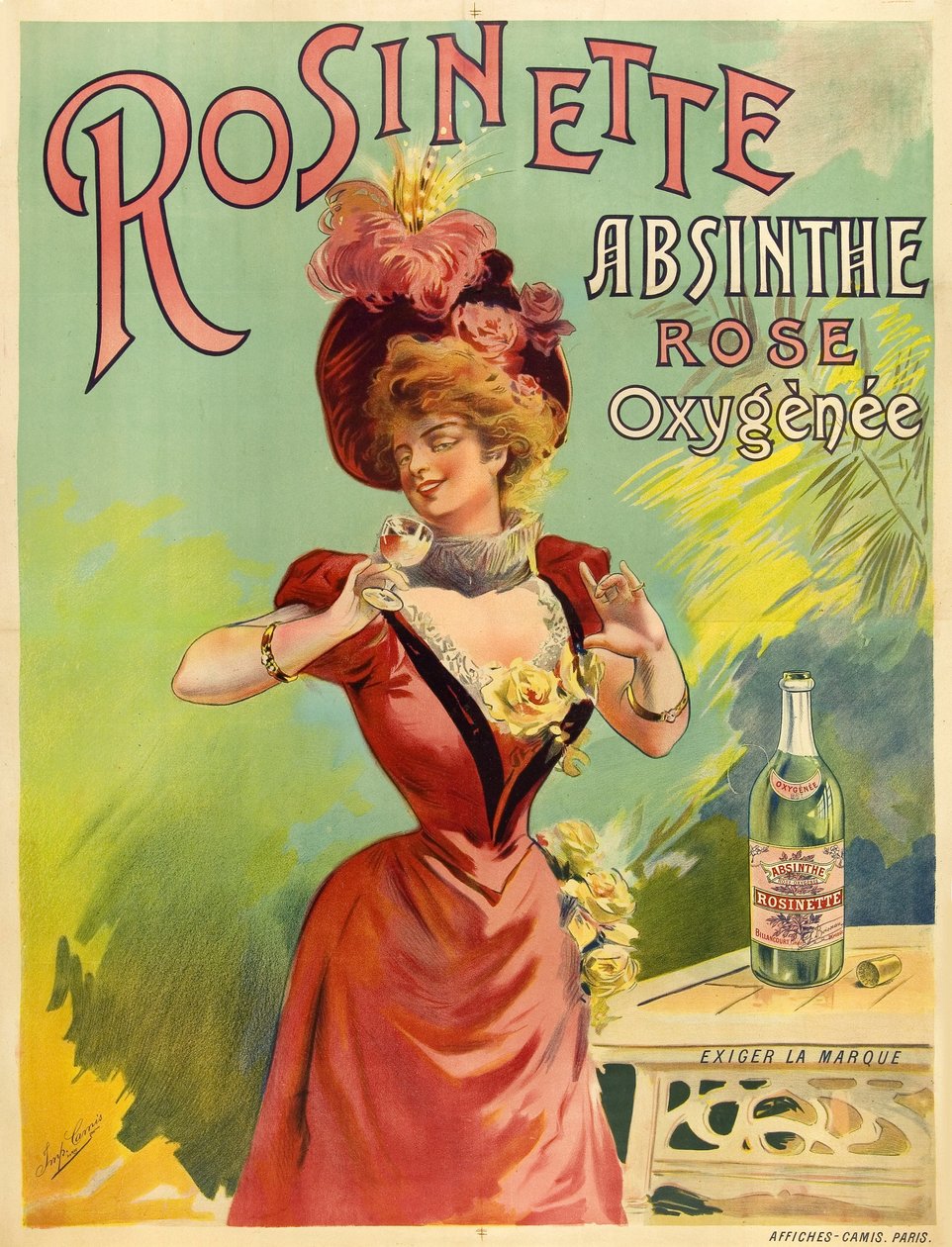 Elegant kvinde klædt i Belle Epoque stil, der smager på et glas absint af Frederick (attr. to) Barnard