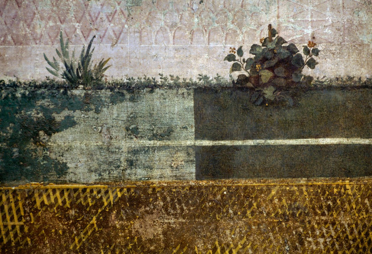 Blomstervase, detalje fra en fresco, der forestiller en have med frugttræer og fugle, fra House of Livia på Palatinerhøjen, Rom, Italien. romersk civilisation af Georg Carl Heinrich Dollmann