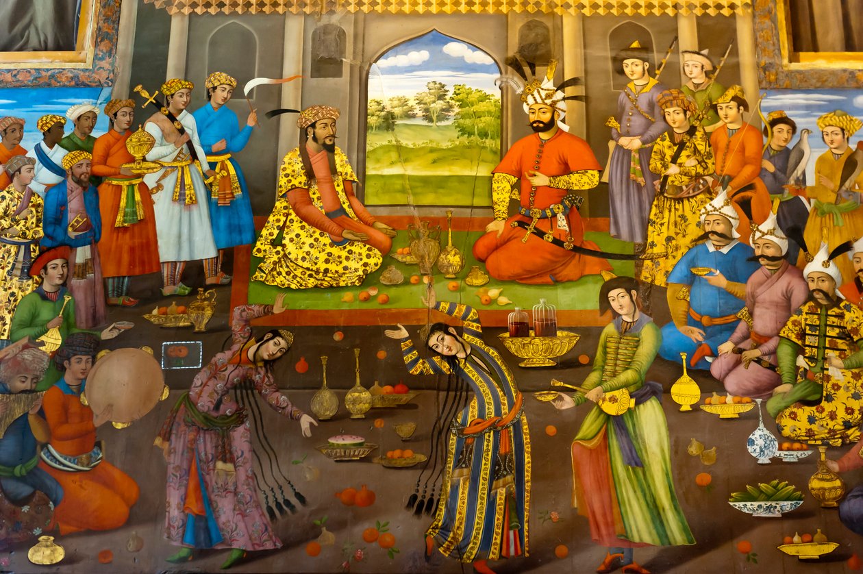 Fresco; banket med dansende piger; Shah Tahmasp modtager den indiske mogulkejser Homayun; 1544; Chehel Sotoun; Fyrre Søjler Palace; Isfahan; Iran; Asien af Frederick (attr. to) Barnard