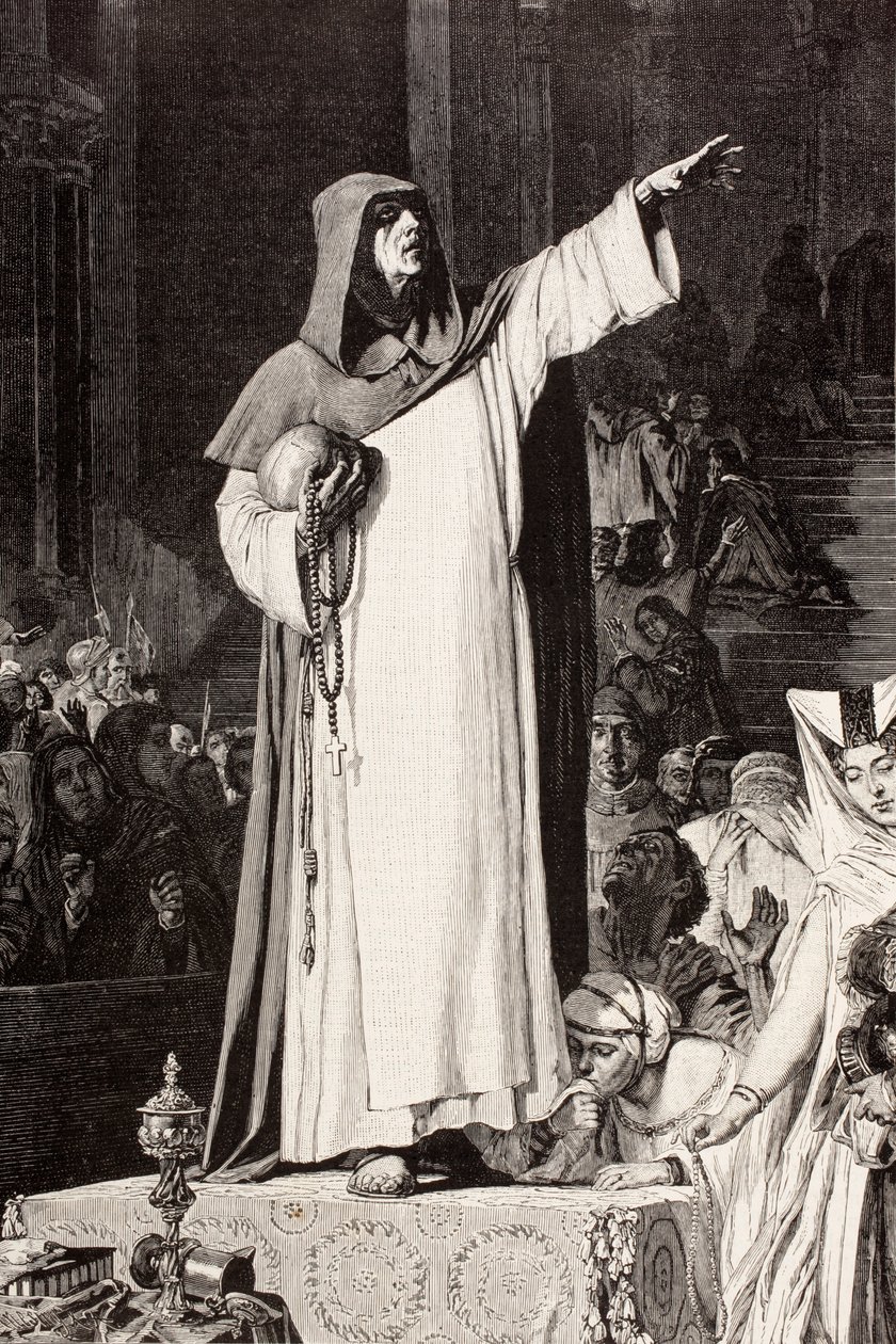 Girolamo Savonarola (1452 1498), italiensk dominikanerbroder, der prædiker mod umoral og luksus, der ville friste synd, efter et værk af De Langemantels, fra 