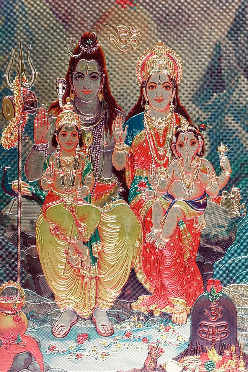 Gud Shiva og gudinden Parvati med deres søn Ganesha. af . .