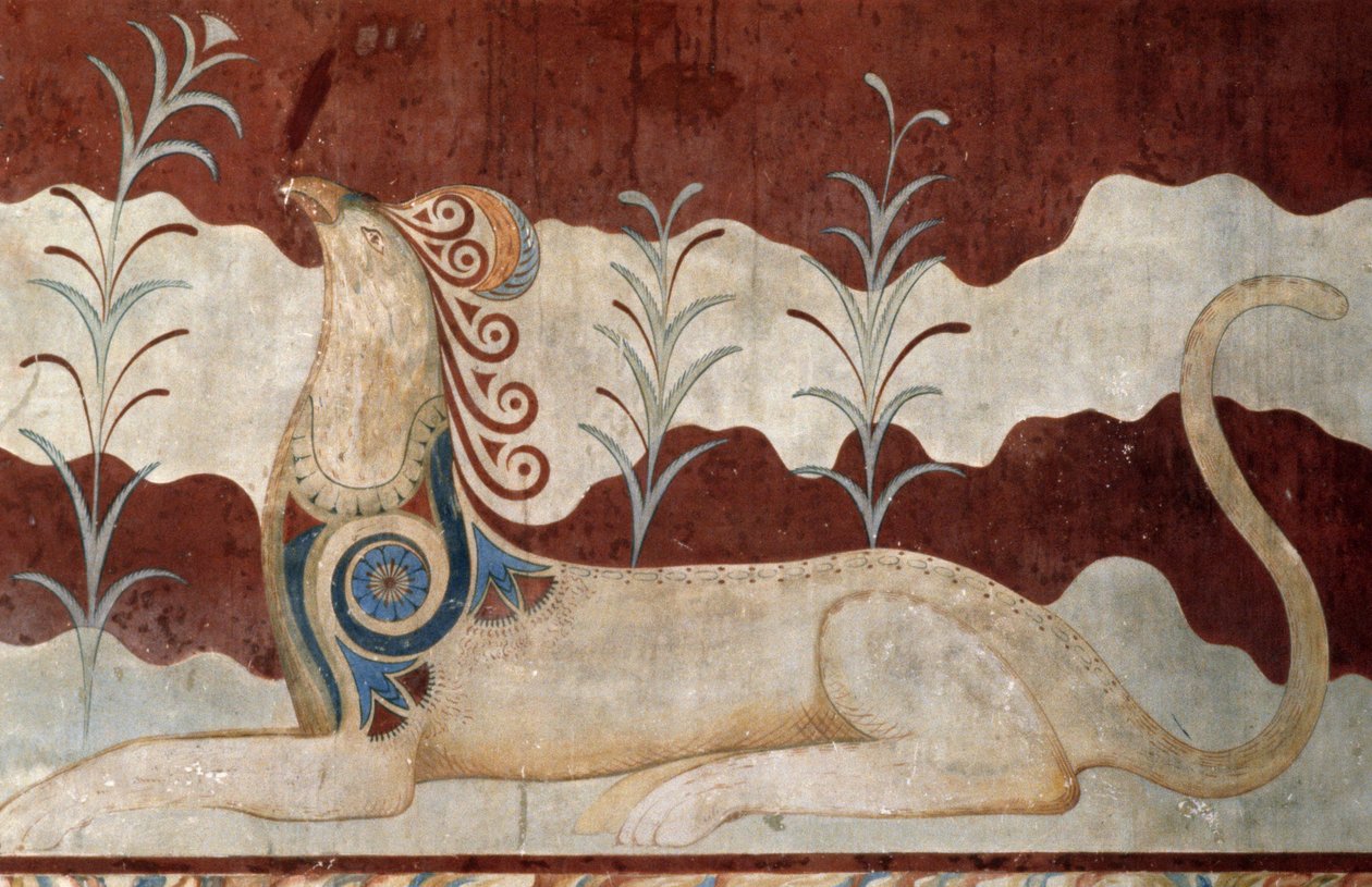 Griffin, fresko i tronrummet, Knossos-paladset, Kreta, Grækenland, minoisk civilisation af Georg Carl Heinrich Dollmann