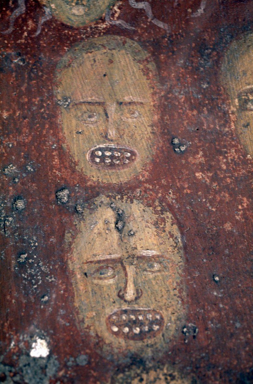 Hoveder af fordømte, Sidste Doms freskomaleri i den byzantinske kirke Odigitria eller Agitria, Mani-halvøen, Peloponnes, Grækenland af Georg Carl Heinrich Dollmann
