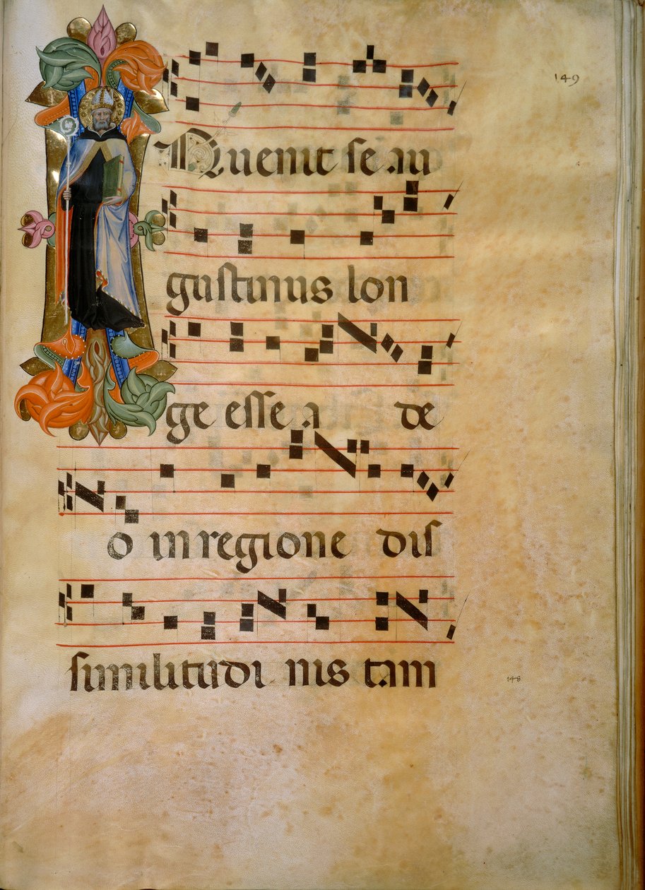 Belyst initial med figuren af ​​Saint Augustine (Corale 19, ca. 149), værk af Silvestro dei Gherarducci til korbog 19 af Santa Maria degli Angeli konserveret i Biblioteca Medice-Laurenziana i Firenze af Henry Charles Fehr