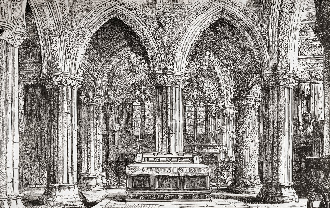 Interiør af Rosslyn Chapel, Roslin, Midlothian, Skotland. af . .
