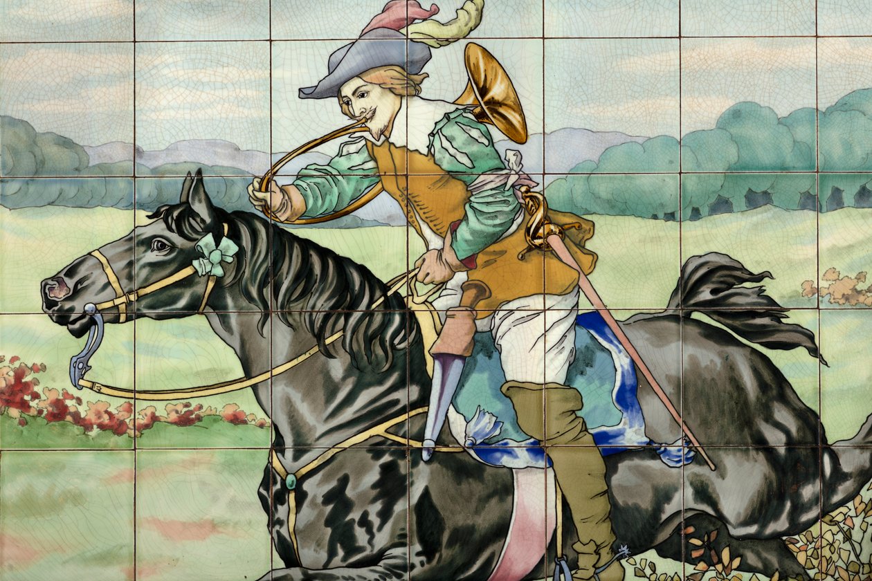 Indvendigt billede, flisepanel, maler Furcy Ernest Tondeur, eksekutør Boch Frères La Louvière, andet panel viser jagtscene med galopperende rytter med jagthorn af . .