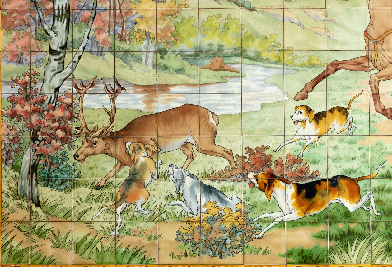 Indvendigt billede, flisepanel, maler Furcy Ernest Tondeur, eksekutør Boch Frères La Louvière, første panel, jagtscene med tre ryttere, detalje af . .