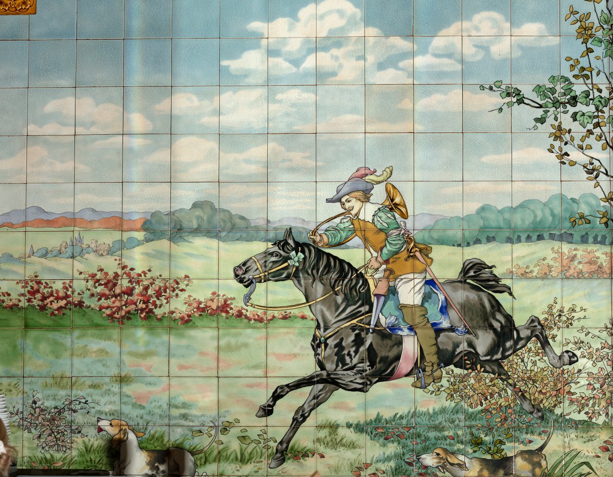 Indvendigt billede, flisepanel, maler Furcy Ernest Tondeur, eksekutør Boch Frères La Louvière, andet panel viser jagtscene med galopperende rytter med jagthorn af . .
